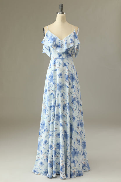 Blue Margot Off-Shoulder Floral Bridesmaid Dress
