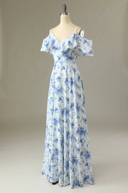 Blue Margot Off-Shoulder Floral Bridesmaid Dress