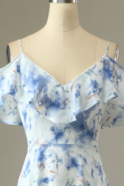 Blue Margot Off-Shoulder Floral Bridesmaid Dress