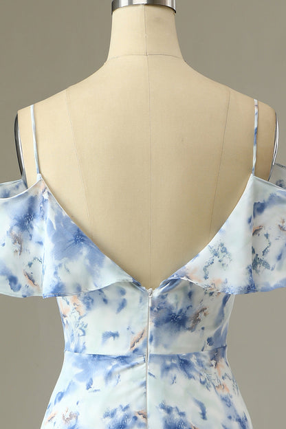 Blue Margot Off-Shoulder Floral Bridesmaid Dress