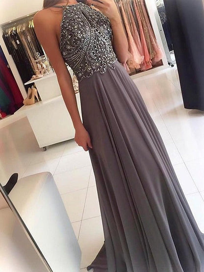 Line Prom Dress with Beadings Adelaide Beaded Chiffon Halter Gown