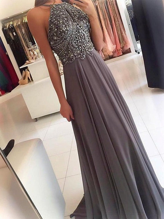 Line Prom Dress with Beadings Adelaide Beaded Chiffon Halter Gown