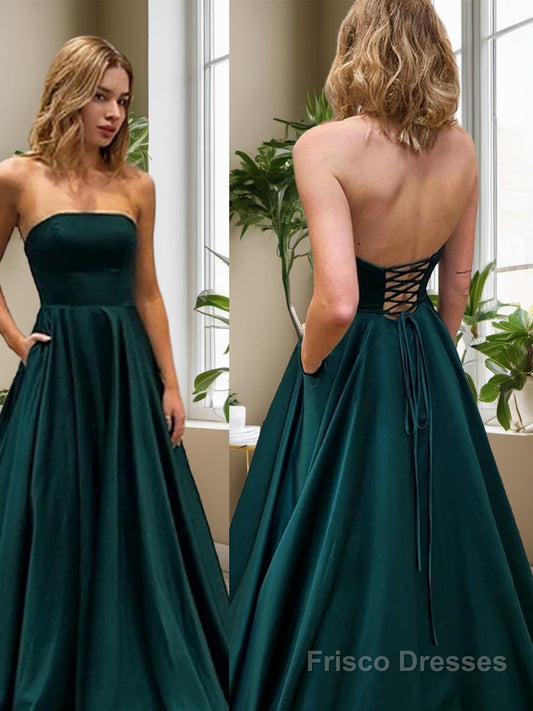 Line/Princess Strapless Sweep Train Satin Evening Dresses With Pockets Arabella Satin A-Line Gown