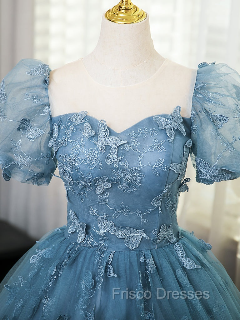 Line Tulle Lace Gray Blue Long Formal Prom Dress, Gray Blue Long Sweet 16 Dress Arabella Tulle Lace Formal Gown