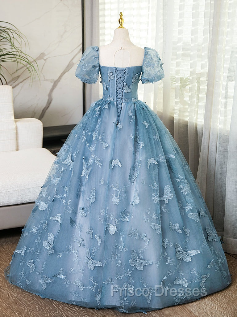 Line Tulle Lace Gray Blue Long Formal Prom Dress, Gray Blue Long Sweet 16 Dress Arabella Tulle Lace Formal Gown