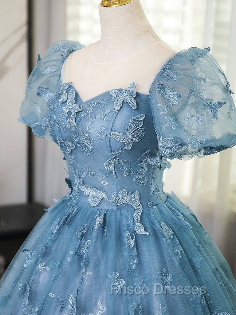 Line Tulle Lace Gray Blue Long Formal Prom Dress, Gray Blue Long Sweet 16 Dress Arabella Tulle Lace Formal Gown