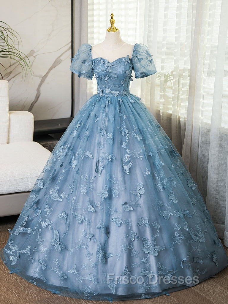 Line Tulle Lace Gray Blue Long Formal Prom Dress, Gray Blue Long Sweet 16 Dress Arabella Tulle Lace Formal Gown