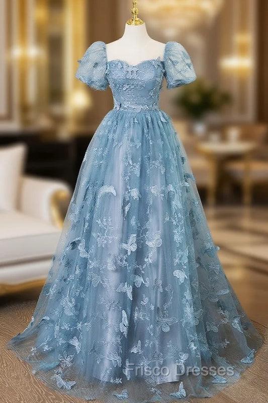 Line Tulle Lace Gray Blue Long Formal Prom Dress, Gray Blue Long Sweet 16 Dress Arabella Tulle Lace Formal Gown
