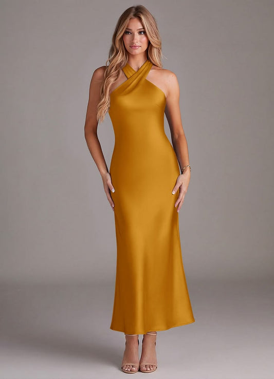 Margot Stretch Satin Halter Dress in Butterscotch