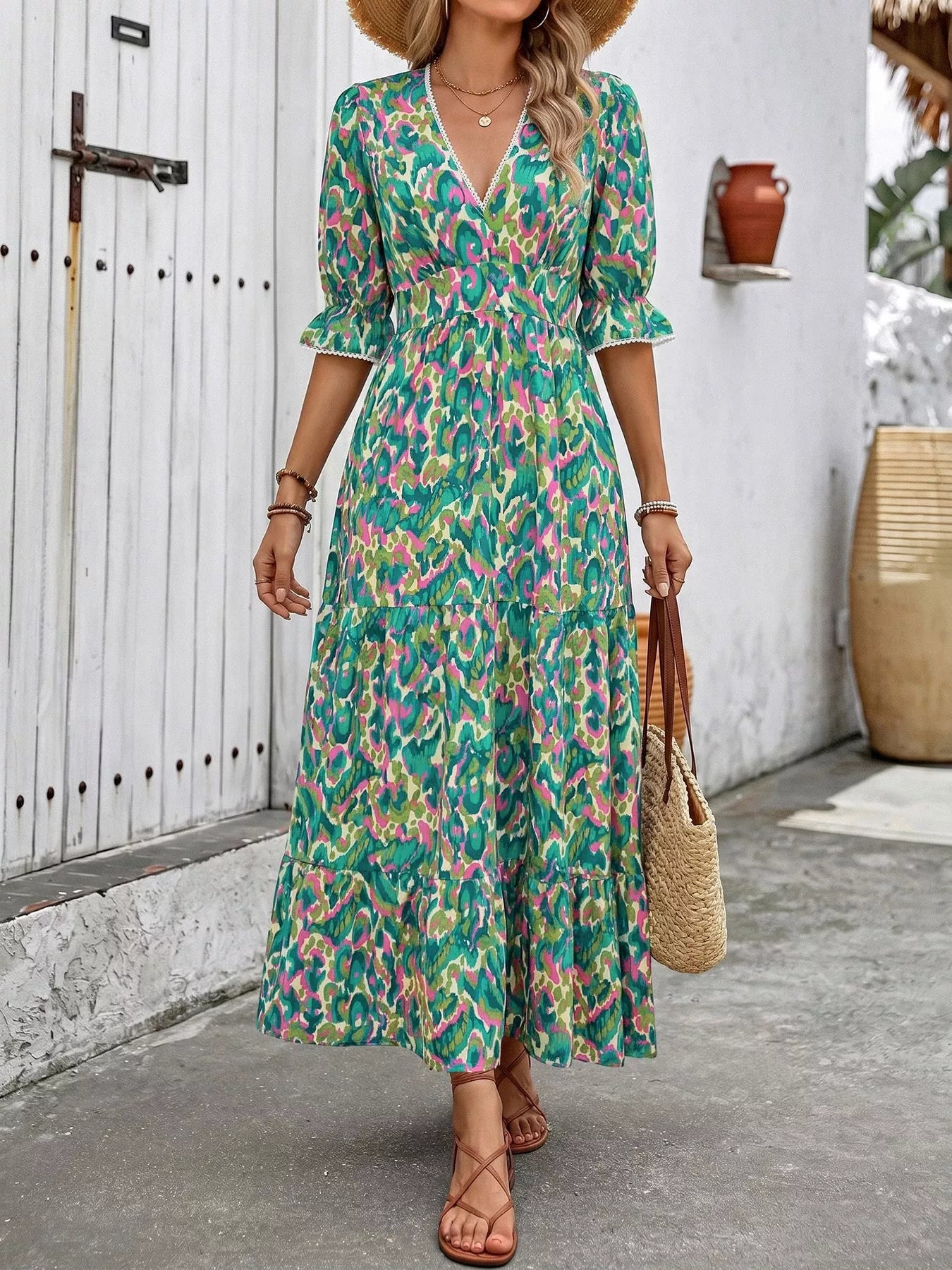 Neck Flounce Sleeve Dress Margot Printed V-Neck Tiered Dress