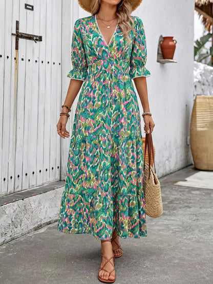 Neck Flounce Sleeve Dress Margot Printed V-Neck Tiered Dress