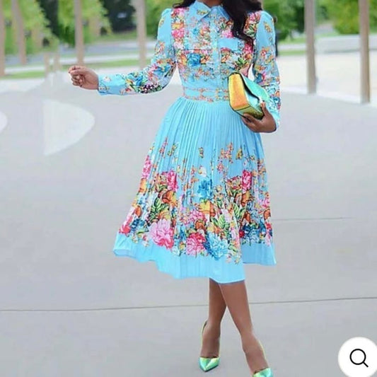 Plus Size Floral Buckle Lapel Collar Dress - Xl (Runs Small) | Color: Blue | Size: Xl