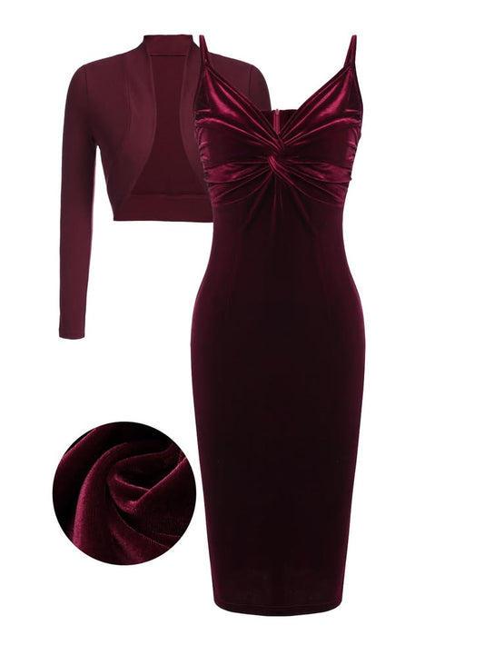 2PCS Wine Red 1960s Velvet Bodycon Dress - Wine Red / S / 2