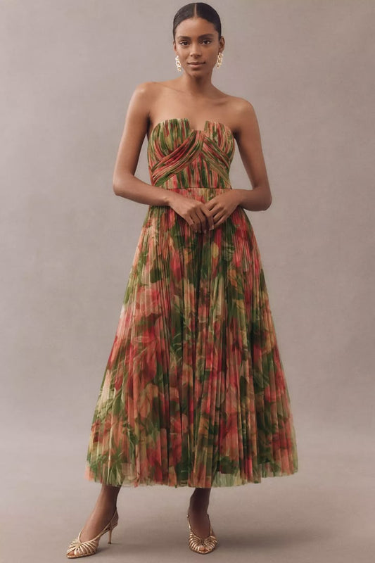 Corene Strapless Floral Tulle Midi Dress
