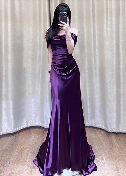 Sexy Deep Purple Mermaid Off-the-shoulder Satin Long Prom Dress Evenin