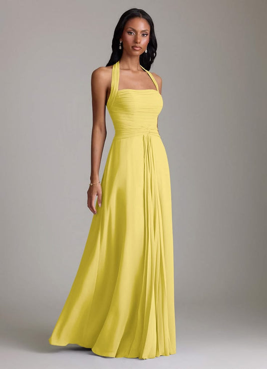 Margot A-Line Chiffon Halter Dress in Canary