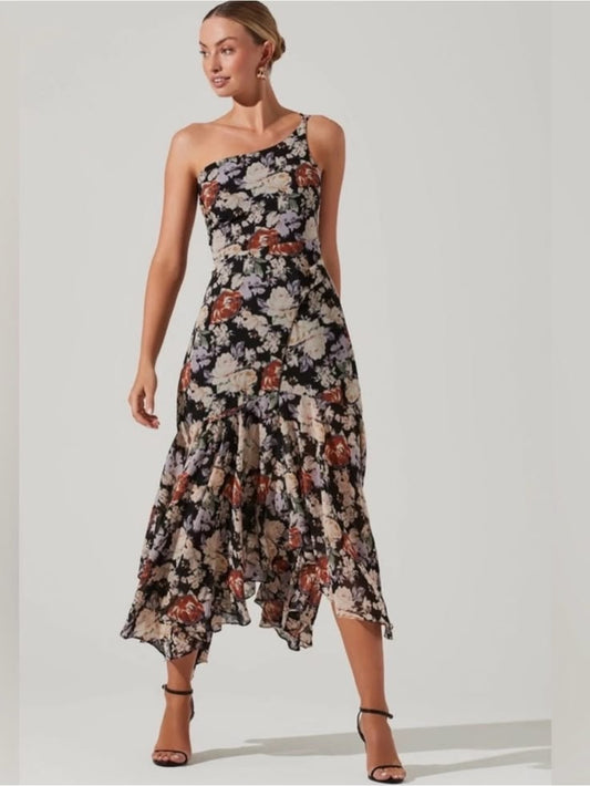 Astr Dresses | Astr The Label Emmylou One Shoulder Black And Floral Midi Dress | Size M | Color: Black/Cream | Size: M