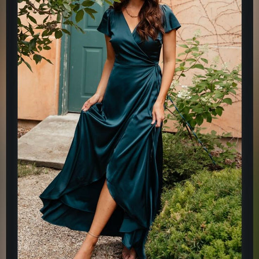 Krystal Satin Wrap Gown in Deep Blue
