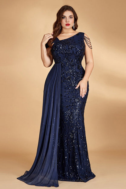 Blue Curveins Plus Size One Shoulder Sleeveless Beaded Ribbon Elegant Maxi Dress - 14-16/1X / Blue