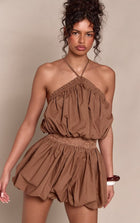 Chocolate PrettyLittleThing Lace Panel Halterneck Puffball Dress | Nasty Gal USA