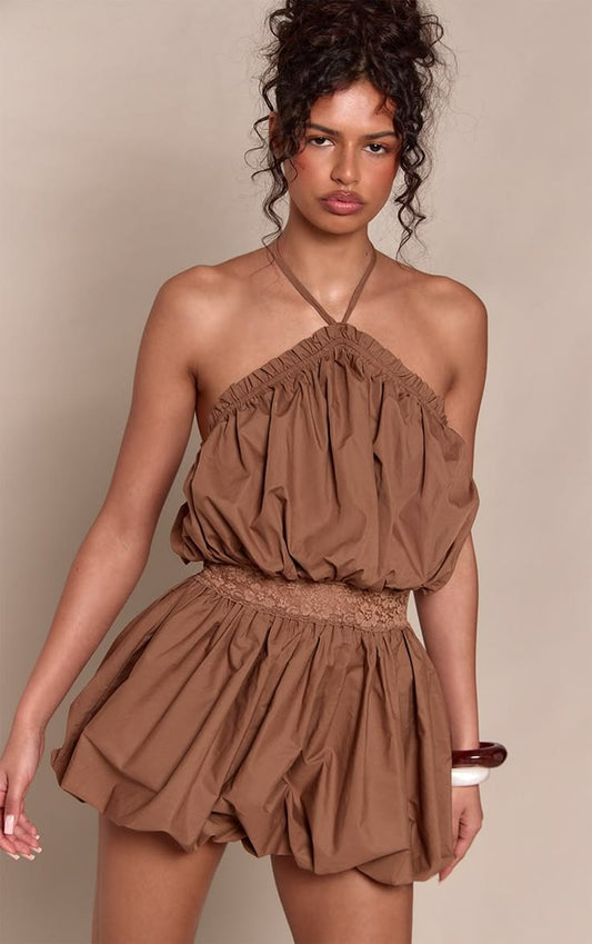 Chocolate PrettyLittleThing Lace Panel Halterneck Puffball Dress | Nasty Gal USA