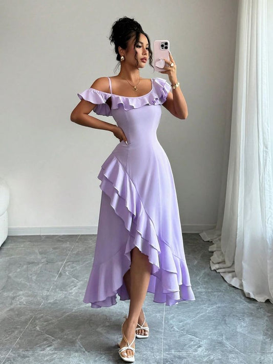 Selianne New Women's Solid Asymmetric Shoulder Strap Ruffle Hem Asymmetrical Back Design Casual Versatile Flattering Ele