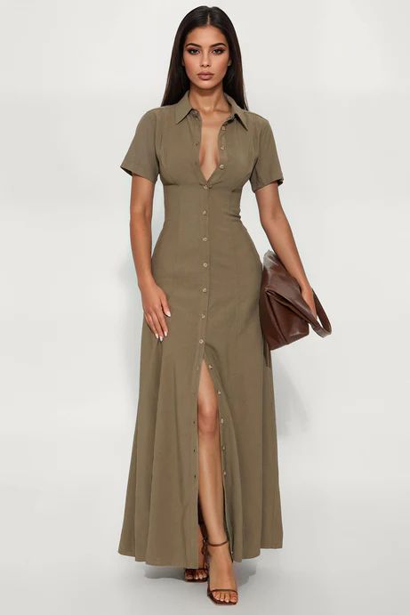 Elsa Woven Shirt Maxi Dress - Olive | Fashion Nova