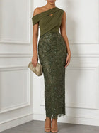 Olive Green Glitter Sequin Asymmetrical Sleeveless Sheath Maxi Dress Olive Green-US8