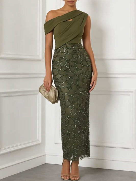 Olive Green Glitter Sequin Asymmetrical Sleeveless Sheath Maxi Dress Olive Green-US8