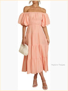 Off-Shoulder Puff Sleeve Empire Waist Ruffle Midi Dress With Belt | Color: Red | Size: Various