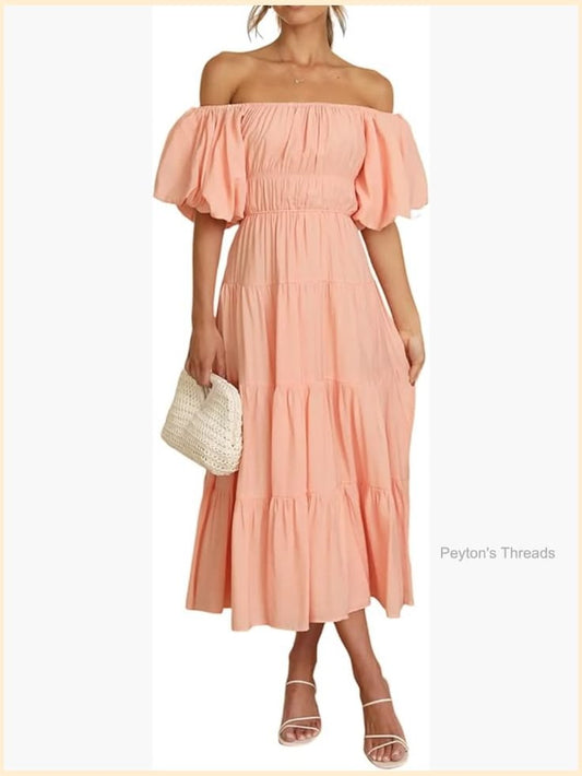 Off-Shoulder Puff Sleeve Empire Waist Ruffle Midi Dress With Belt | Color: Red | Size: Various
