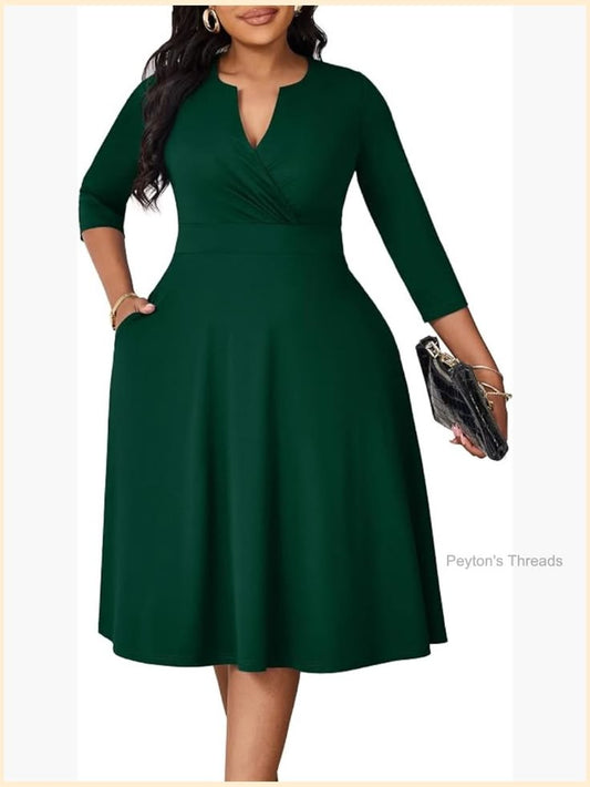 Plus Size Midi Dress 3/4 Sleeve V-Neck Fit & Flare With Pockets | Color: Green | Size: Various