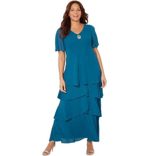 Catherines Tiered Chiffon Maxi Dress - 4X, Teal