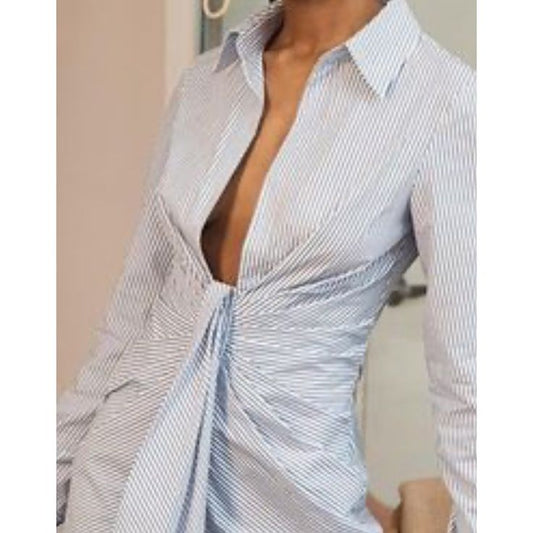 Choosy Dresses | Choosy Women's Striped Mini Shirt Dress Blue Blue/White Tie Front Long Sleeve | Color: Blue/White | Siz