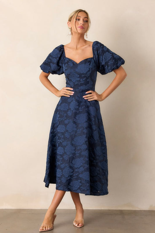 Margot Navy Floral Jacquard Midi Dress