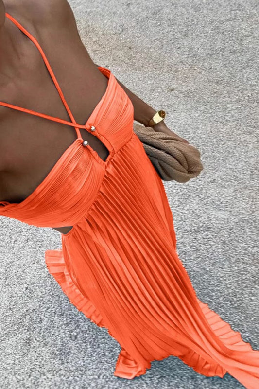 Valentina Halterneck Pleated Maxi Dress in Burnt Orange