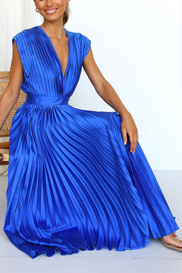 Red Georgiana Satin Pleated Midi Dress