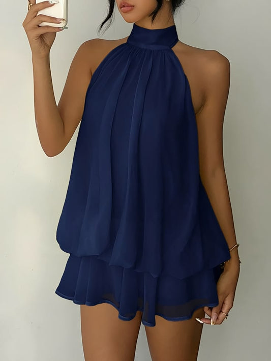Backless Halter Neck Ruffled Sleeveless Mini Dress,Navy Blue/S