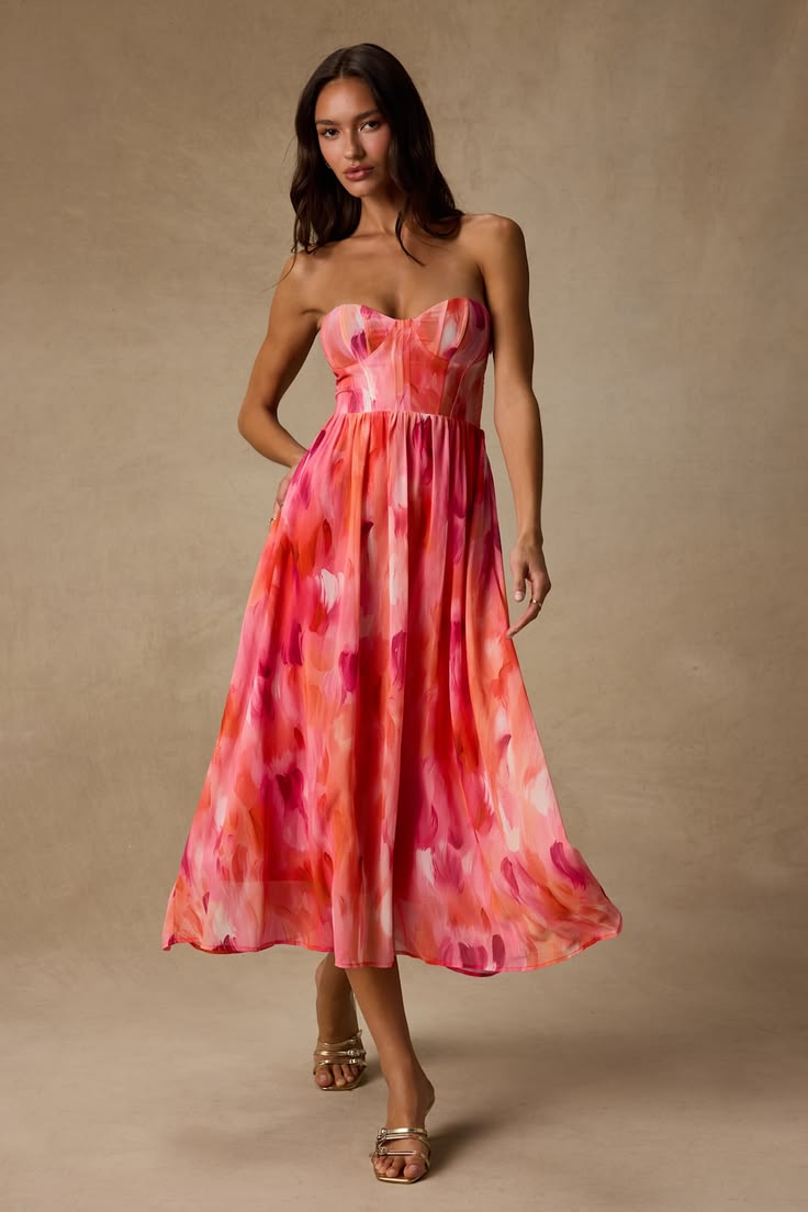 Aysel Coral Abstract Bustier Midi Dress
