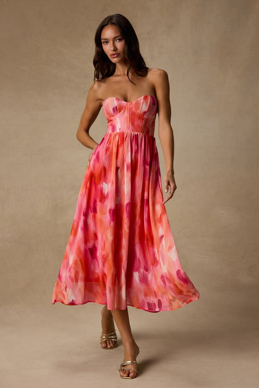 Aysel Coral Abstract Bustier Midi Dress