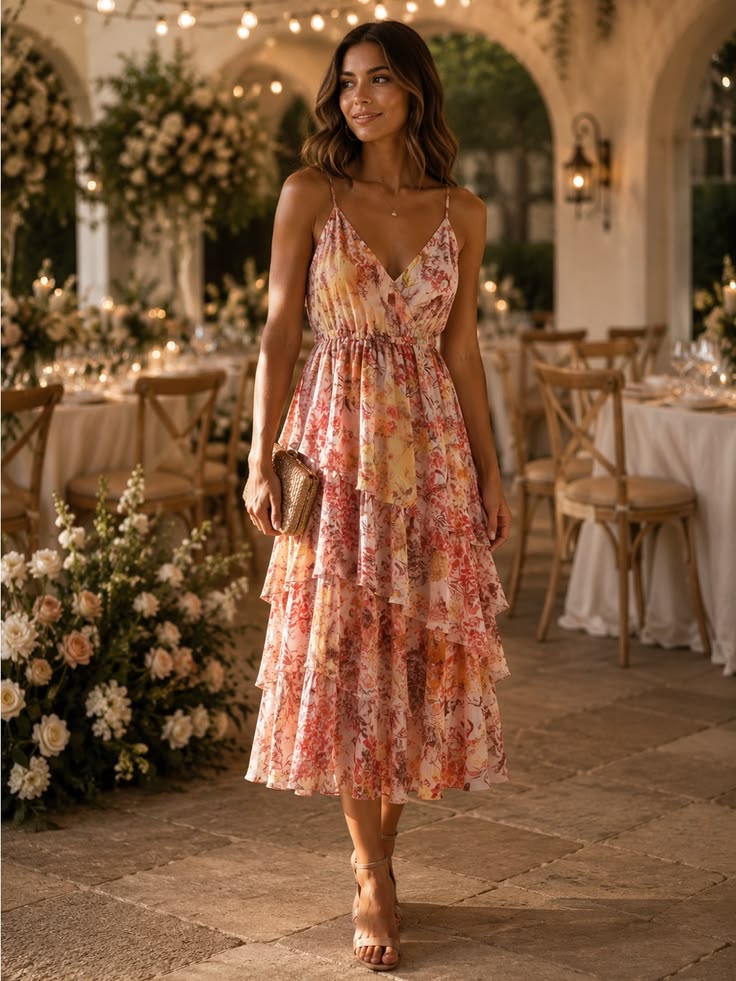 Margot Tiered Midi Dress in Pink & Yellow