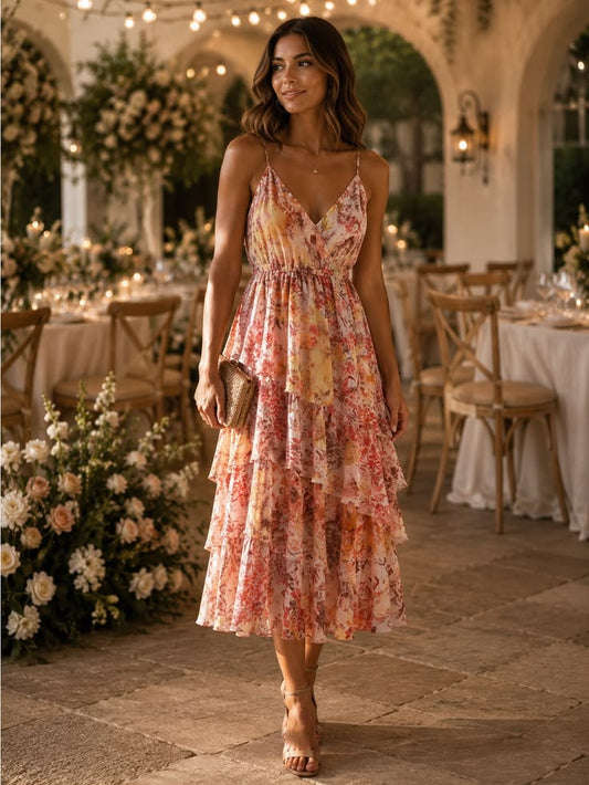 Margot Tiered Midi Dress in Pink & Yellow