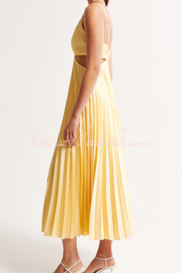 Rose red Summer Social Stain Pleated Cutout Waist Loose Midi Dress