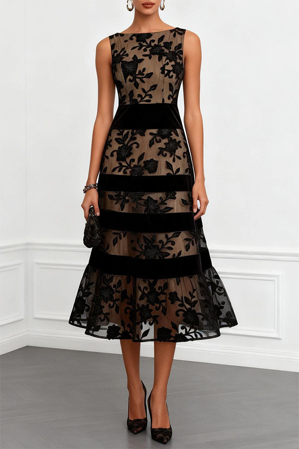 Navy blue Rosmie Flower Mesh Lace Colorblock Boat Neck Sleeveless A-Line Midi Dress