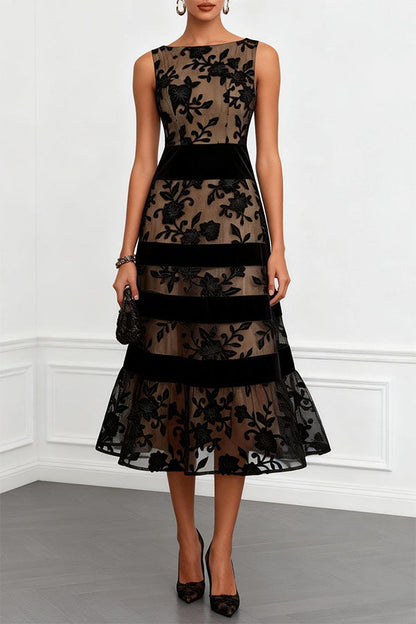 Black Rosmie Flower Mesh Lace Colorblock Boat Neck Sleeveless A-Line Midi Dress