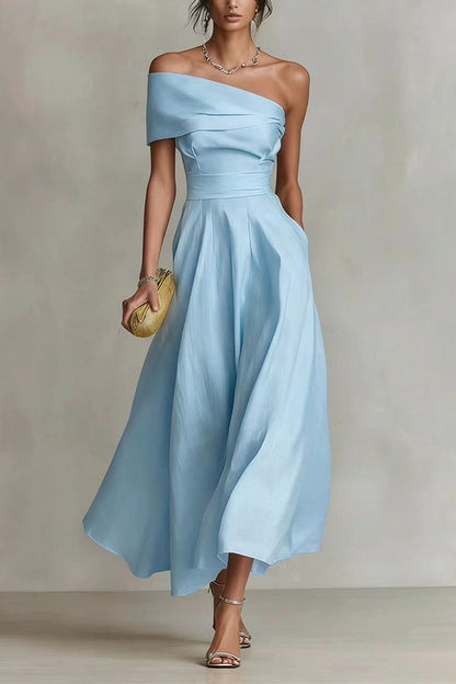 Blue Margot One-Shoulder A-Line Midi Dress