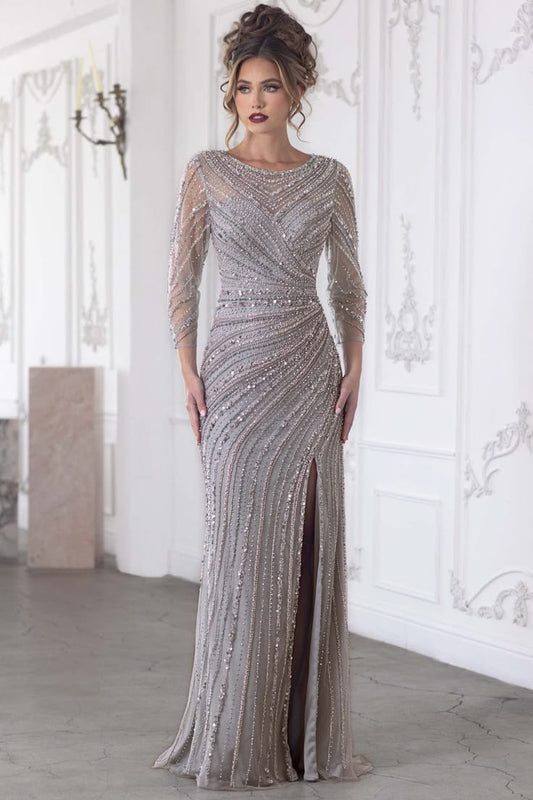 Long Sleeve Mother of the Bride Beaded Formal Dress Lenovia 8383 - Gold / XL