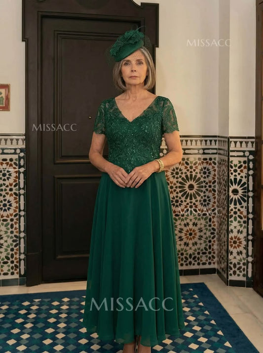 A-Line V-Neck Short Sleeves Tea-Length Chiffon Mother Of The Bride Dresses With Lace - Missacc