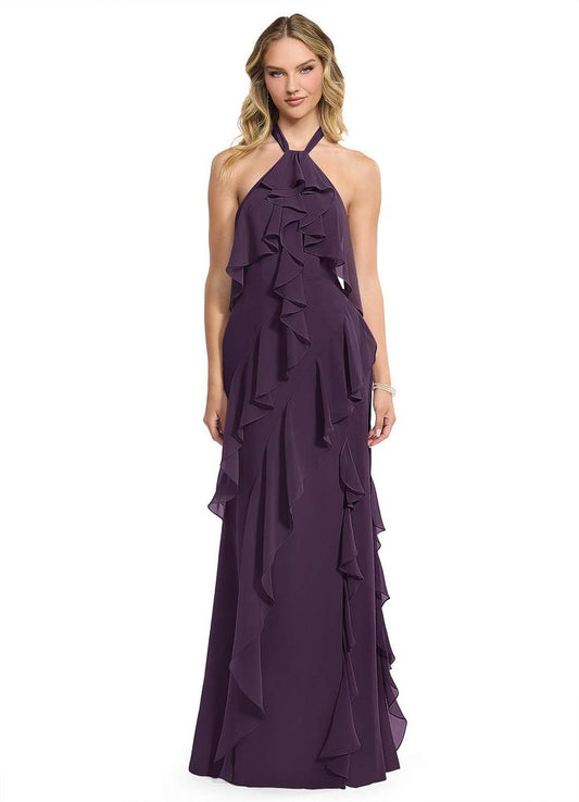 Bridesmaid Dress - Chiffon Jewel Tones A-Line Halter Neck Floor-Length Plum Dress - Azazie Velma