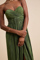 Oswin Olive Satin Plissé Maxi Dress